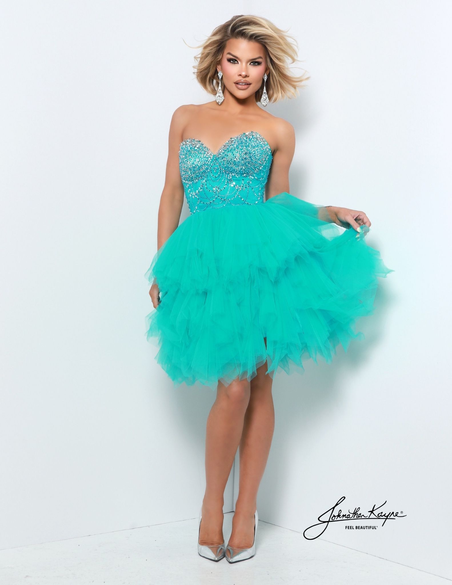 Aqua strapless beaded homecoming cocktail dress with tiered tulle skirt, perfect for homecoming, pageants.
